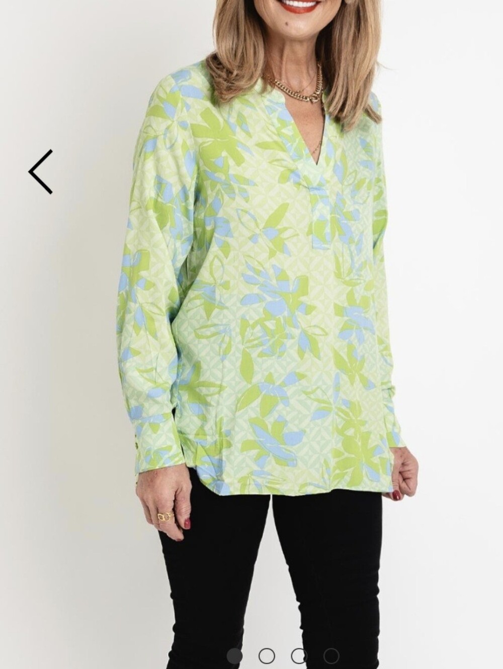 Olsen V-Neck Geo Diamond Floral Tunic Blouse Kiwi Green Size US M/L /12 NWOT